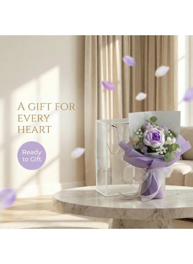 Artificial Flowers-Handcrafted Crocheted Rose Bouquet - With Clear Gift Box And Card - Image 4